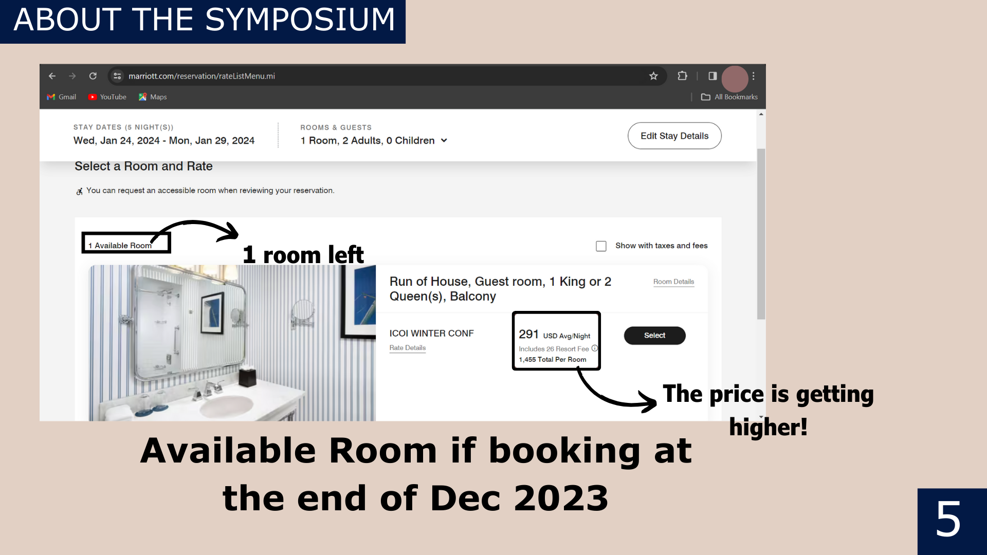 A hotel room price and availability inside the bundle package