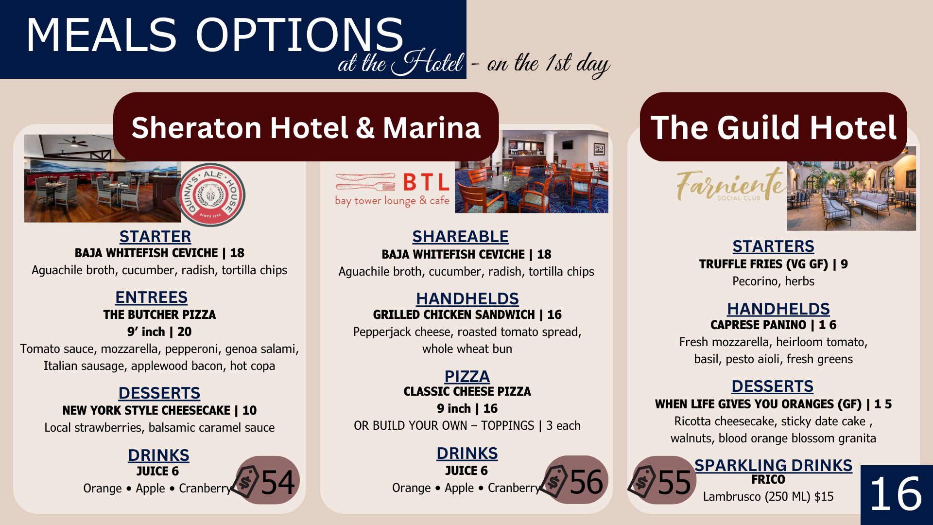 Meals options at the hotels