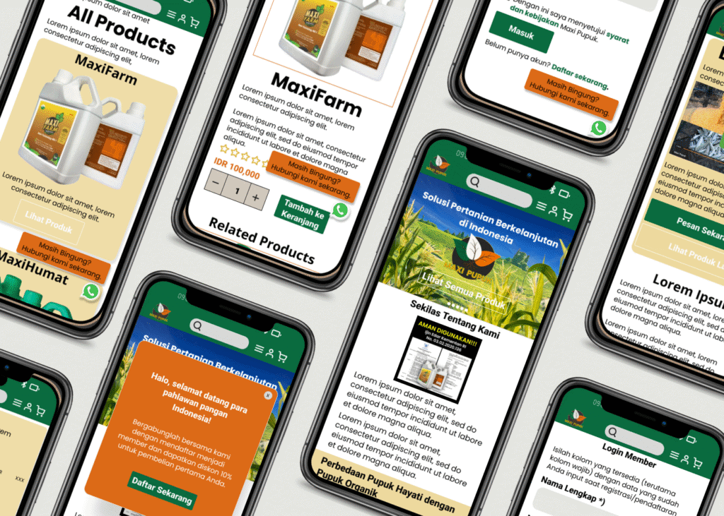 A bunch of the final responsive mockup designs in iOS version for Maxi Pupuk