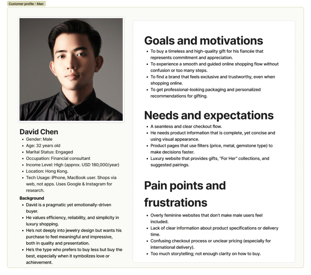 The second user persona for AuroraLuxe.