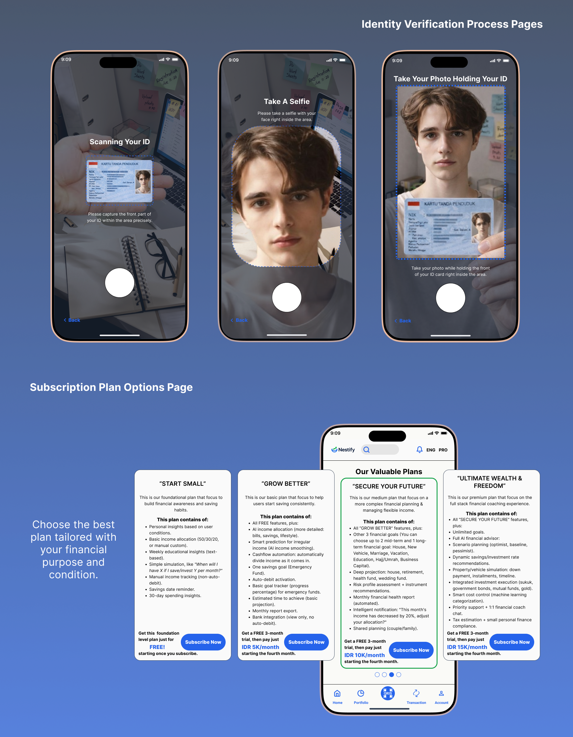 This is a picture showcases identity verification process and Plans in Nestify mobile app.